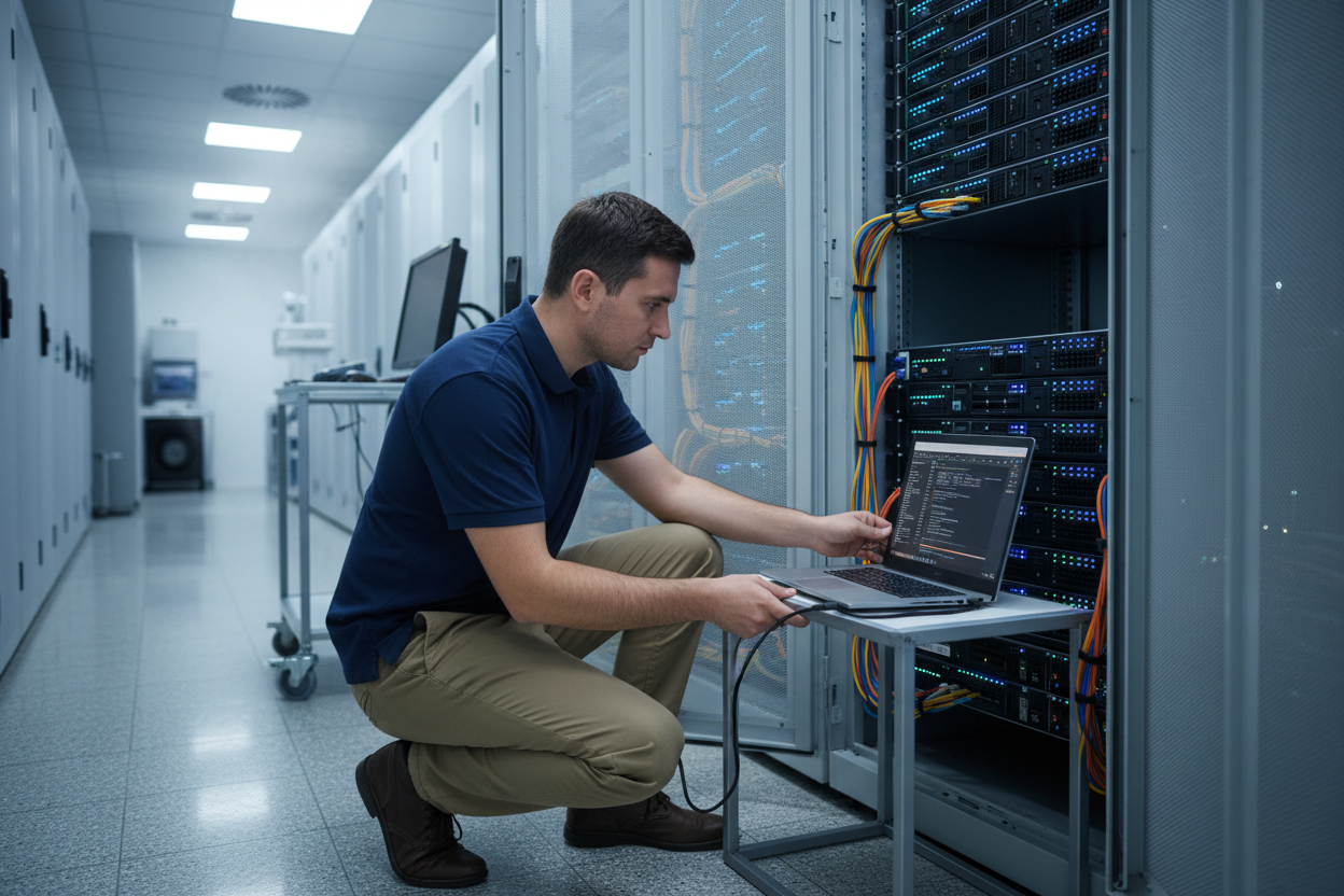 Mann steckt ein USB Kabel an seinen Laptop vor einem Serverschrank